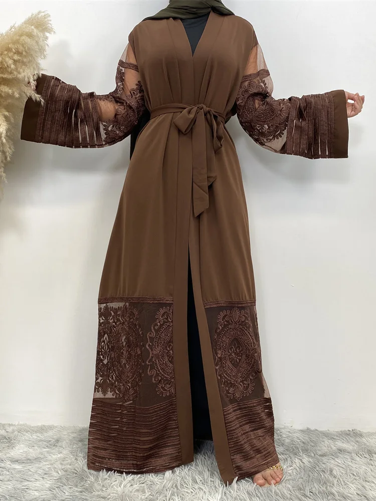 Eid 기모노 Mujer 아바야 여성 터키 이슬람 아랍어 무슬림 꽃 자수 가디건, 의류 로브 슈미즈 팜므