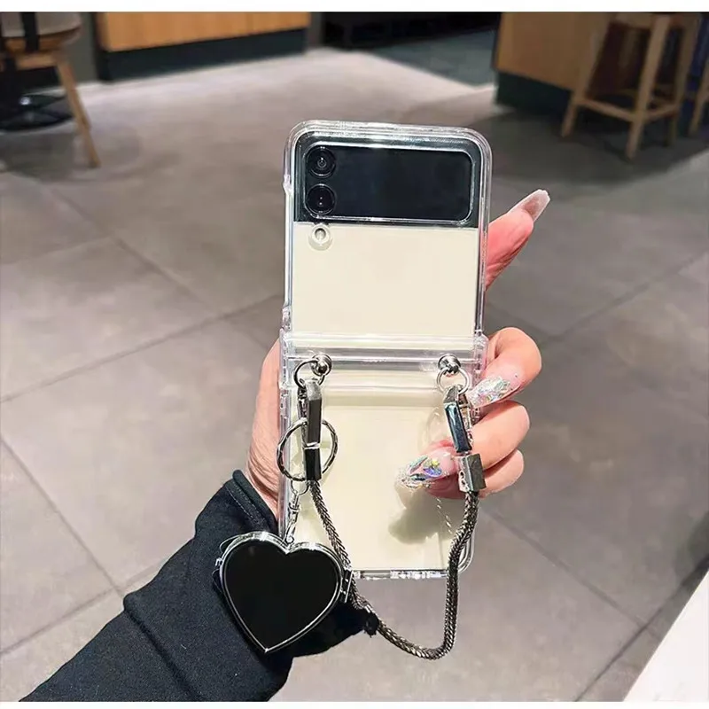 

Luxury Sliver Love Heart Mirror Bracelet Chain Phone Case for Samsung Galaxy ZFlip 5 Z Flip 4 Z Flip 3 Protective Back Cover