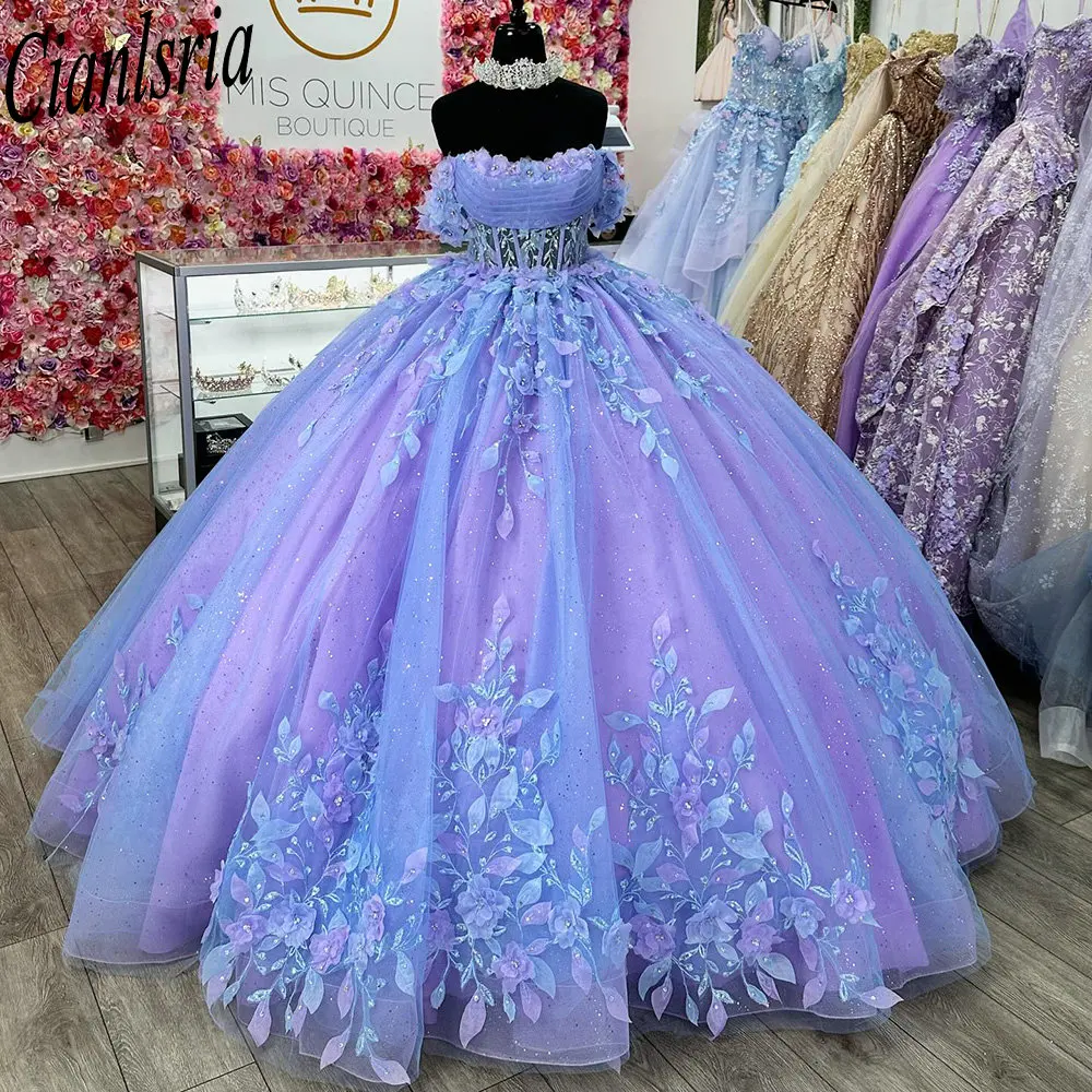 

Lilac Off The Shoulder 3D Floral Lace Ball Gown Quinceanera Dresses Illusion Crystal Pleat Corset Vestidos De 15 Años