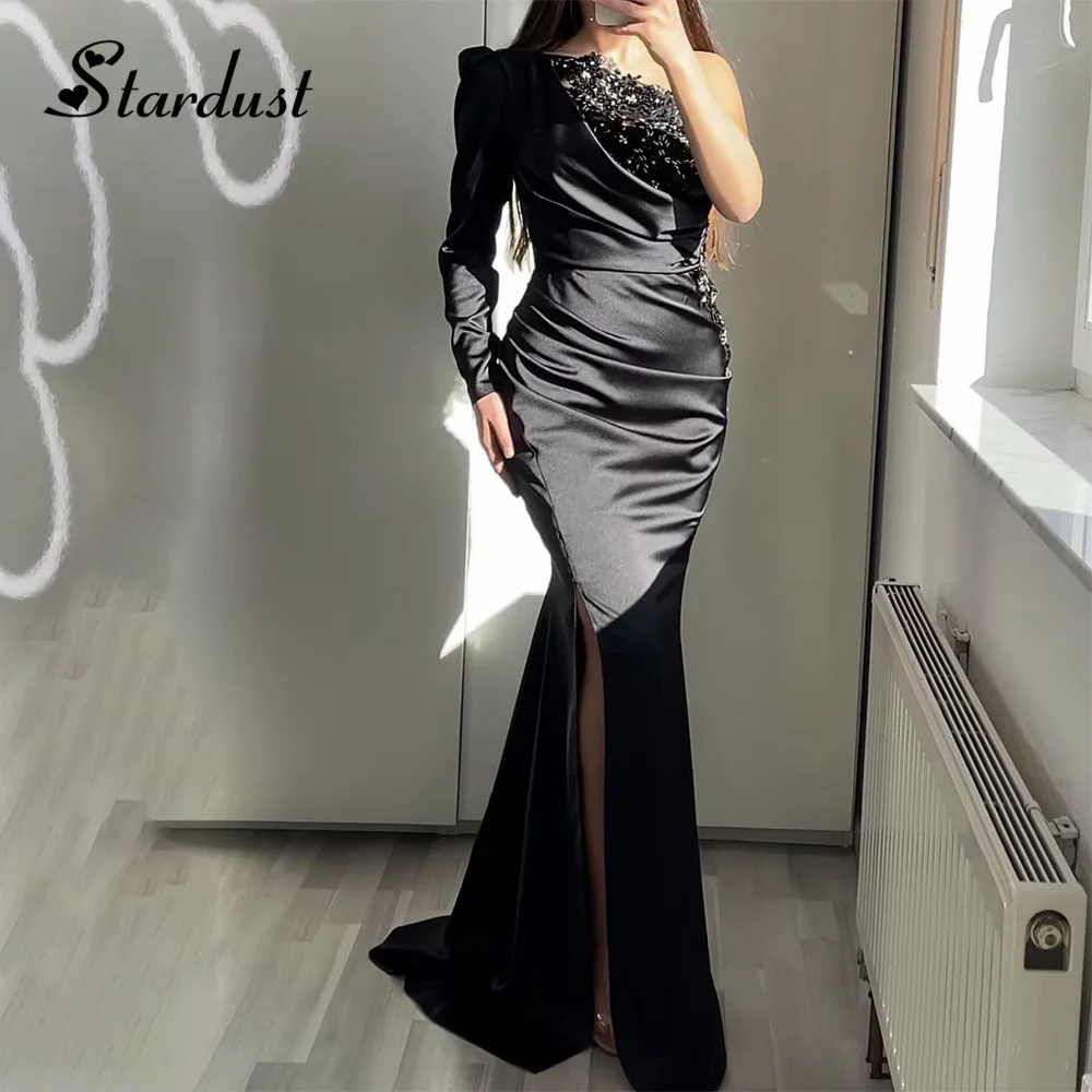 

Stardust Modern Trumpet Evening Dresses One-Shoulder Full Sleeves Ruched Diamonds Side Slit Dubai Vestidos de Gala Customized