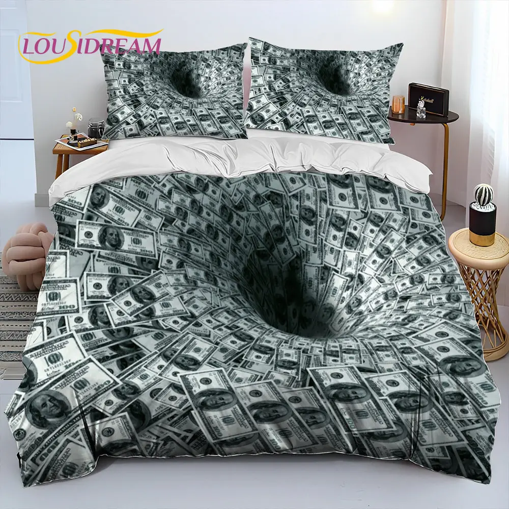 3DIllusionDollarEuroMoneyBeddingSetDuvetCoverBedSetQuilt