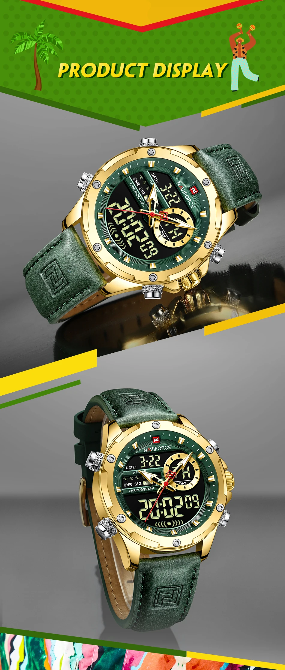 NAVIFORCE Fashion Business Dual Display Men Watches Green Genuine Leather Quartz Luminous Chronograph Waterproof Male Wristwatch