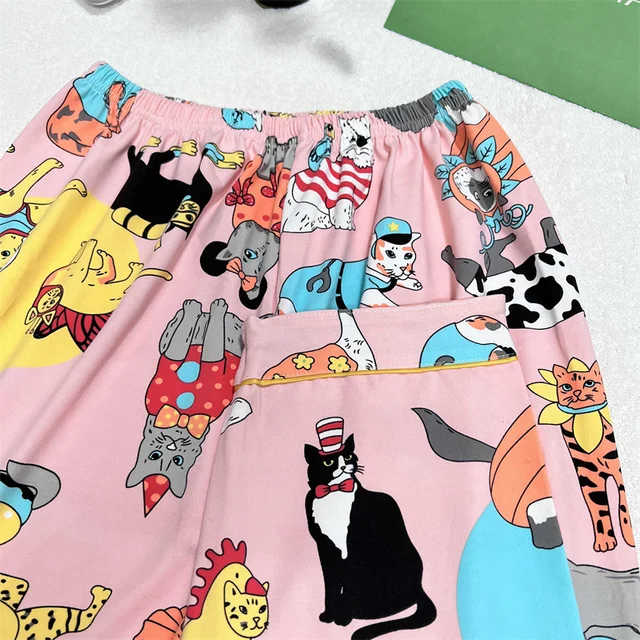 Pijamas de algodón de lujo para mujer, cárdigan con solapa, conjuntos de salón para mujer, ropa de dormir con estampado de gato, moda de primavera y otoño, nuevo, 2 piezas - Image 2