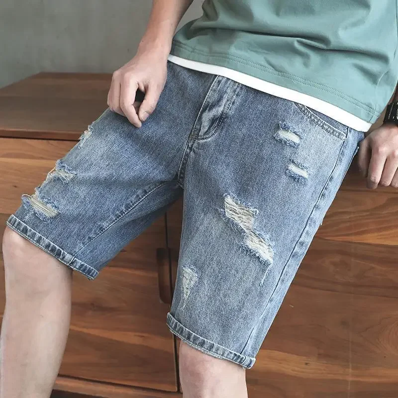 Pantalones cortos de mezclilla para hombre, rectos, rotos, con bolsillos, pantalones vaqueros cortos para hombre, novedad en oferta, pantalones cortos originales populares de Harajuku, pantalones cort