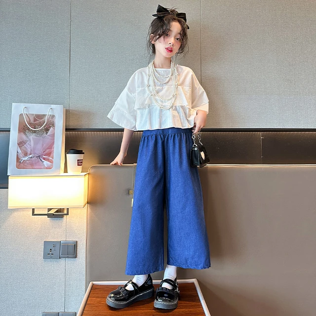 Summer Teen Girls Clothes Set 8 10 12 14 Years Old Streetwear Loose 2pcs  Ruched Top and Blue Wide Leg Pants Girls Korean Outfits - AliExpress