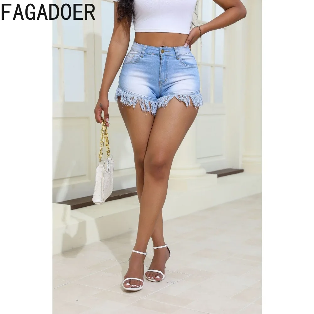FAGADOER Light Blue Summer Denim Tassels Skinny Shorts Women High Waisted Button Pocket Slim Shorts Female Solid Cowboy Bottoms
