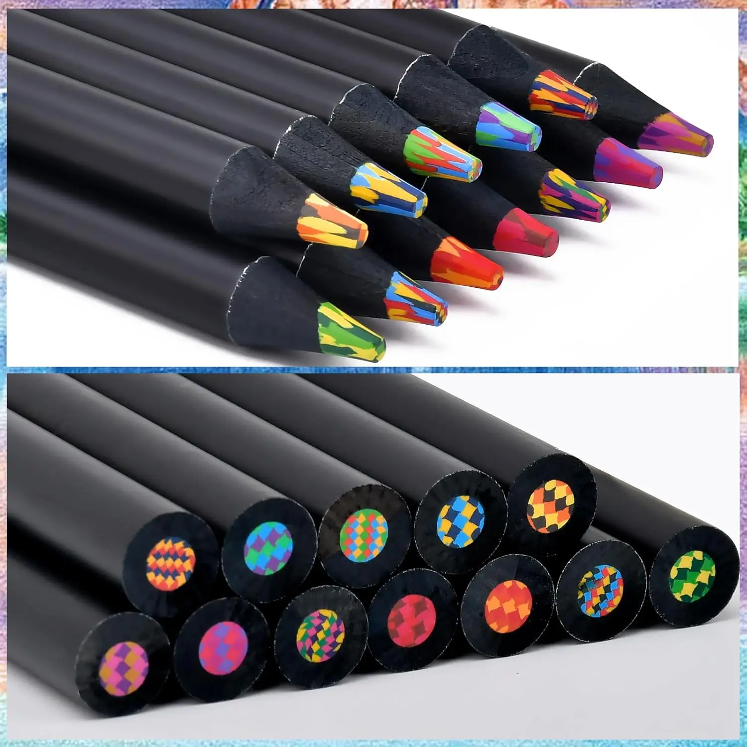 Yangmei Matite Colorate Arcobaleno 12 Pezzi, Effetto Multicolore, In Legno Nero, Punta Preaffilata, Per Adulti E Bambini, Disegno E Colorazione