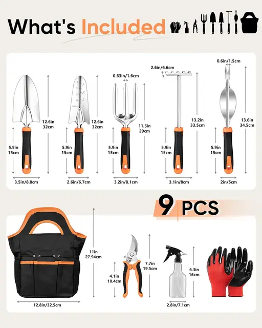 17553-d206a3.jpg 9-Piece Stainless Steel Garden Tools Set with Storage Bag, Heavy Duty Rust Resistant Hand Utensils Kit for Gardening, Gift for