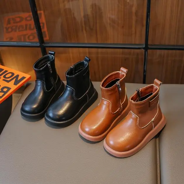 

Leather Winter Fashion Snow Boots For Girls Boys Patchwork Sport Shoes For Children Anti-slippery Footwear For Kids Sneakers