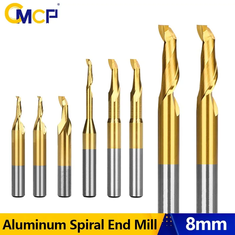 

CMCP Aluminum Spiral End Mill 8mm Shank HSS Milling Cutter Single Flute CNC Router Bit TiN Coated End Mill for Wood Cutting