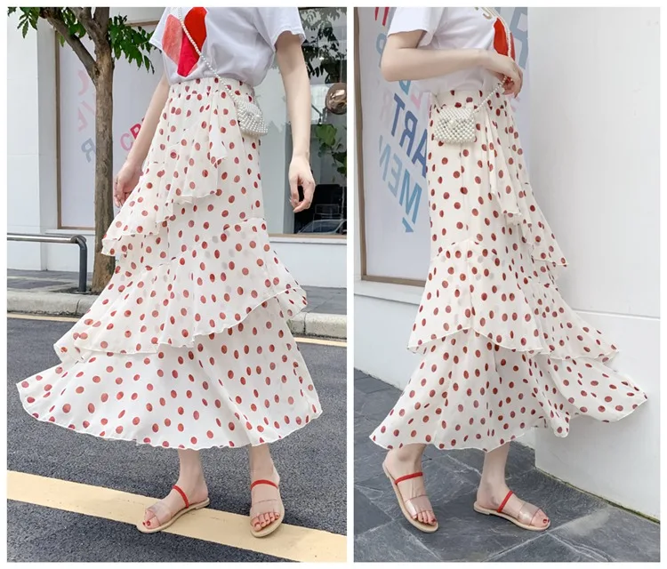 Summer Skirts Womens 2022 New Polka Dots Floral Print Chiffon Pleated Skirt Irregular Cake Skirt Casual Midi Skirt Women Clothes hoop skirt