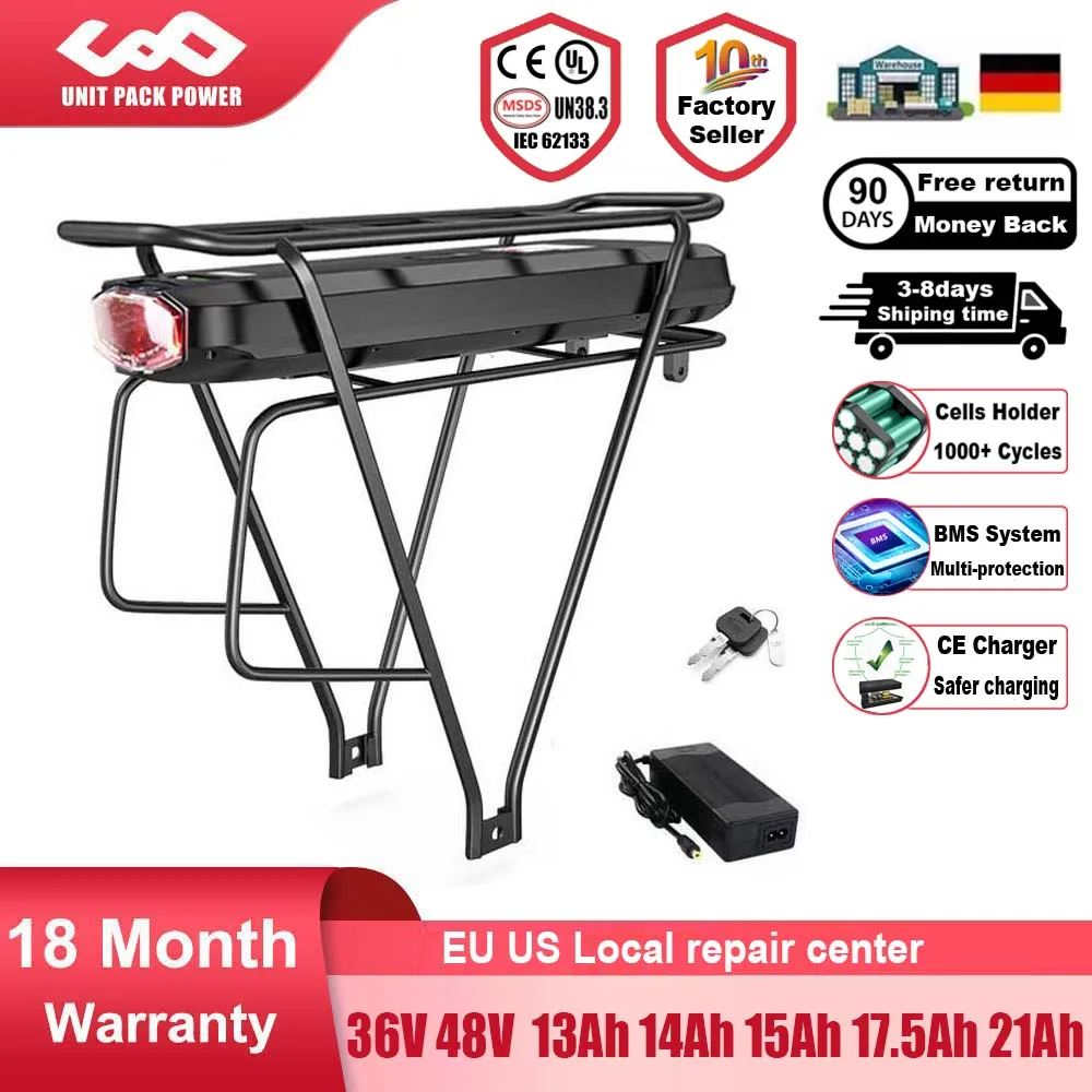 Gepäckträger-Fahrradbatterie 18650 21700 36 V 19,2 Ah 13 Ah 15 Ah 48 V 14,4 Ah 52 V 15 Ah für 1500 W 1000 W 750 W 500 W BBSH TSDZ2 Motor