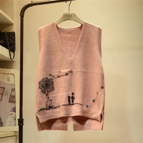 

Pink UK Spring Fall Korean Japan V-neck Knit Sleeveless Sweater Vest Loose Coat Outcoat Lady Top Cloth for Women girl Waistcoat
