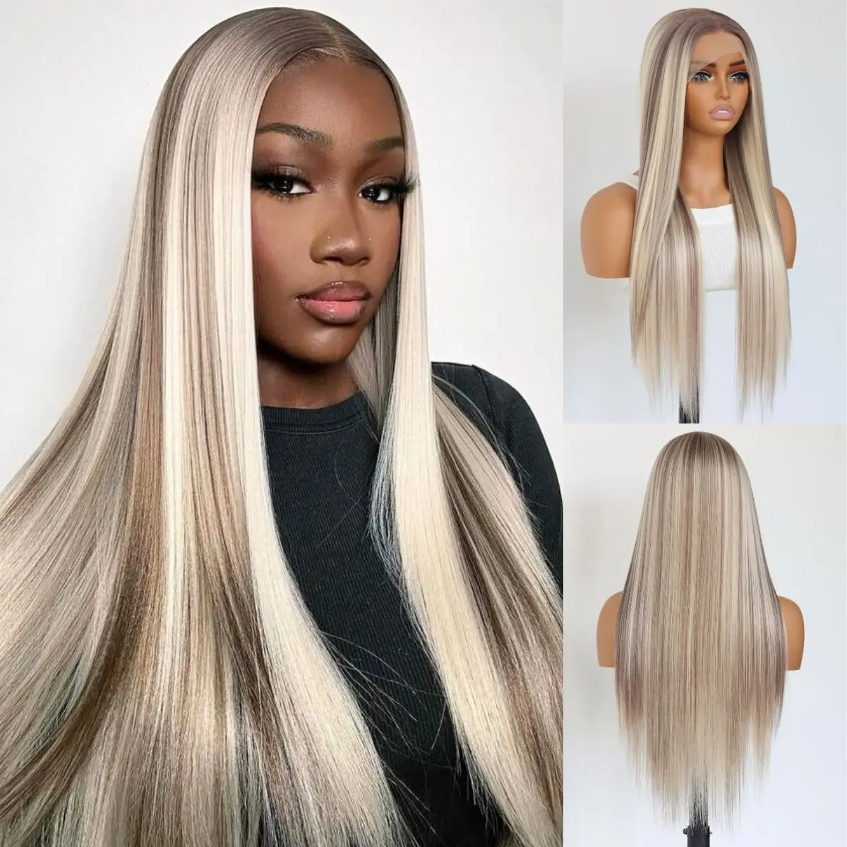 Highlight Ash Blonde Lace Front Wig Straight Ombre Brown Mixed Blonde 13x4 Synthetic Lace Front Wigs for Women 24Inch