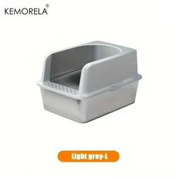 Stainless Steel High-Sided Large Litter Box with Lid - Odor-Resistant (Light grey L)