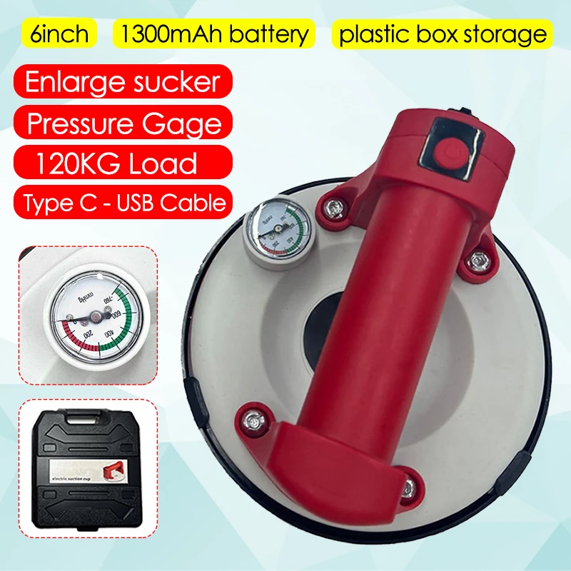 6 inch Electric Vacuum Suction Cup 120Kg Load Heavy Duty Vacuum Lifter for Granite Tile Glass 1300mAh Battery with Box Storage