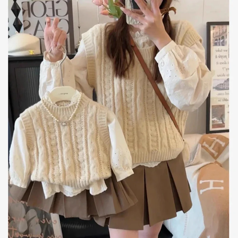 

Family Mother Autumn Baby Matching Knit Vest Sweater+cotton Girls Sets Women Clothes Daughter Outfit Blouse+skirts dresses Kids