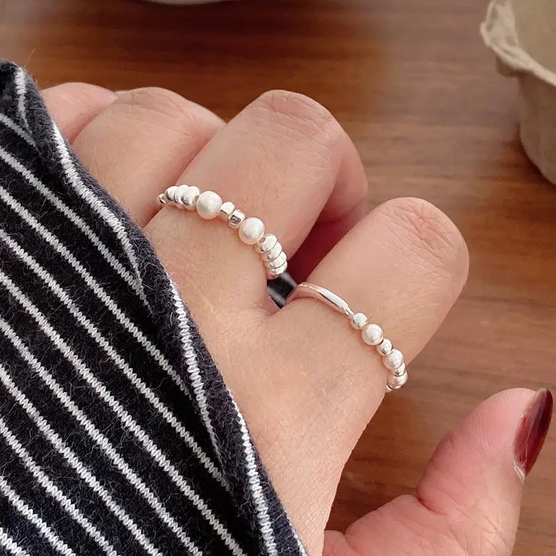 Silver Asymmetrical Beads Pearl Elastic Cord Rings For Women Girl Luxury Korean Fashion Jewelry Gift Party