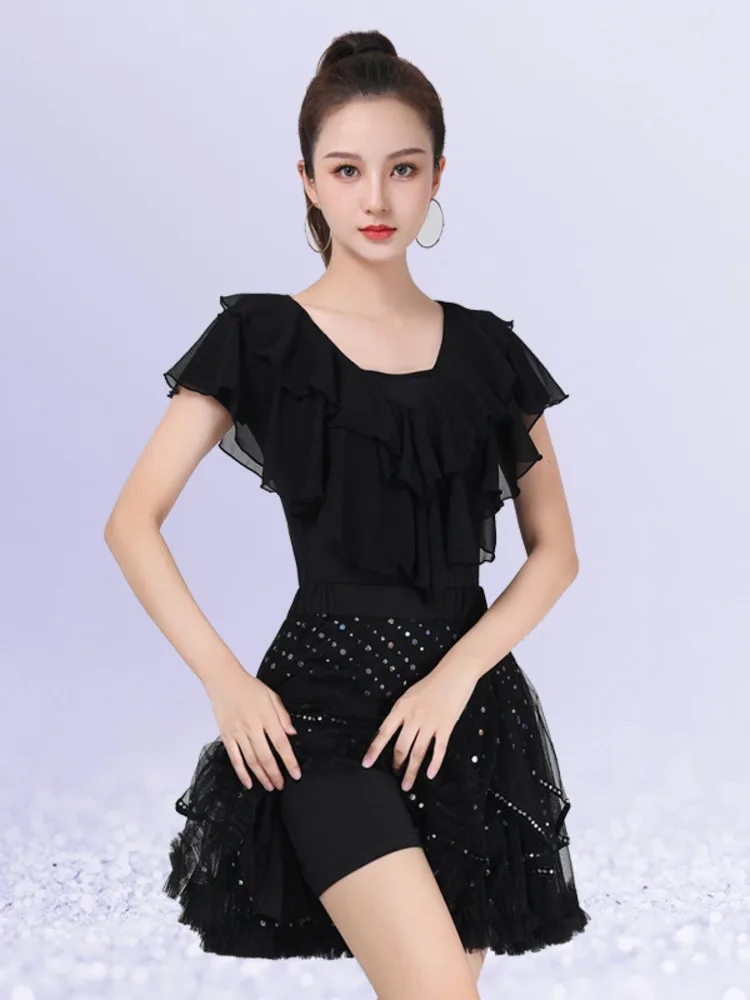 women dance skirt Mesh Patchwork Ballroom Standard Dance Skirts Latin Girls Rhinestones Korean Style Clothing Women Classical Ruffle Tops
