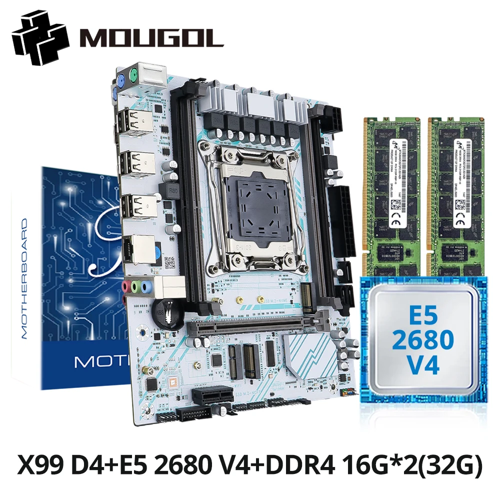 MOUGOL X99 Motherboard Set with Intel Xeon E5 2680 V4 CPU Dual-channel DDR4 32G(2*16G) 2133MHz RAM for Gaming Computer Component