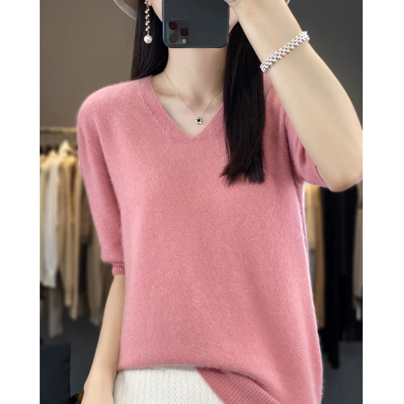 

100% pure wool first-line ready-to-wear V-neck five-point sleeves loose ladies bottoming shirt seamless fashion Joker slim sweat