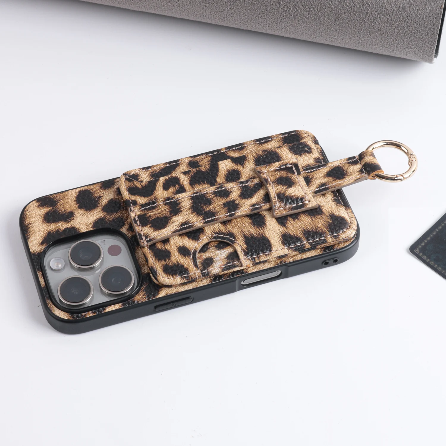 Leopard Print Pebbled PU Leather Phone Case with Card Holder and Finger Strap Ring Hook