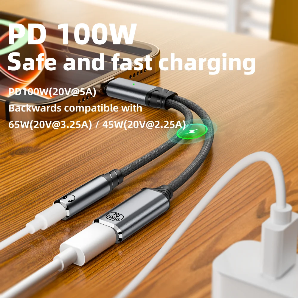 USB C-3.5mm 헤드폰 및 충전 어댑터 (PD 100W 60W 고속 충전 타입 C-오디오 잭 AUX 코드, Phone16 호환)