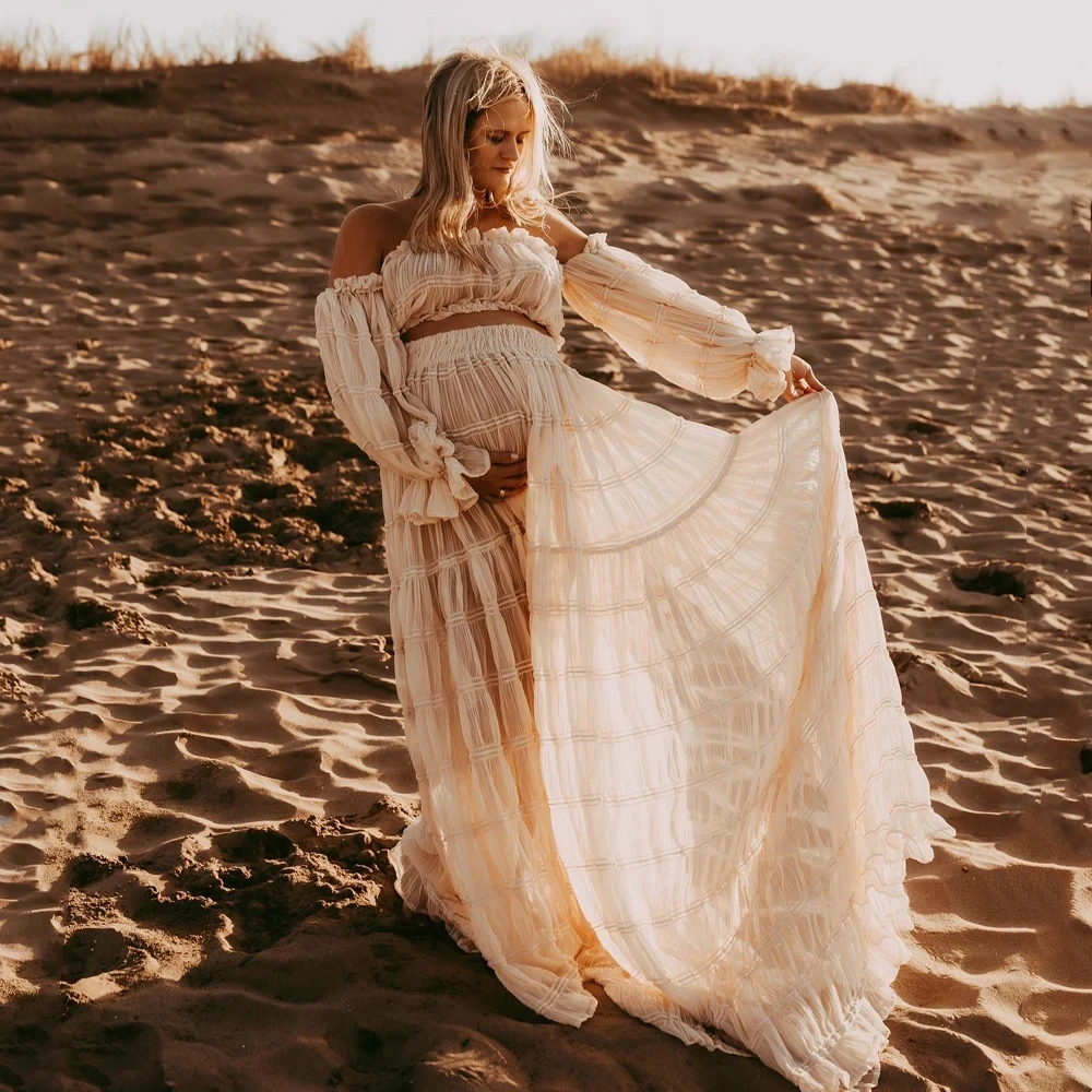 2 in 1 Maternity Photo Shoot Outfit Boho Style Off-the-Shoulder Chiffon Pregnancy Photography Dress Set