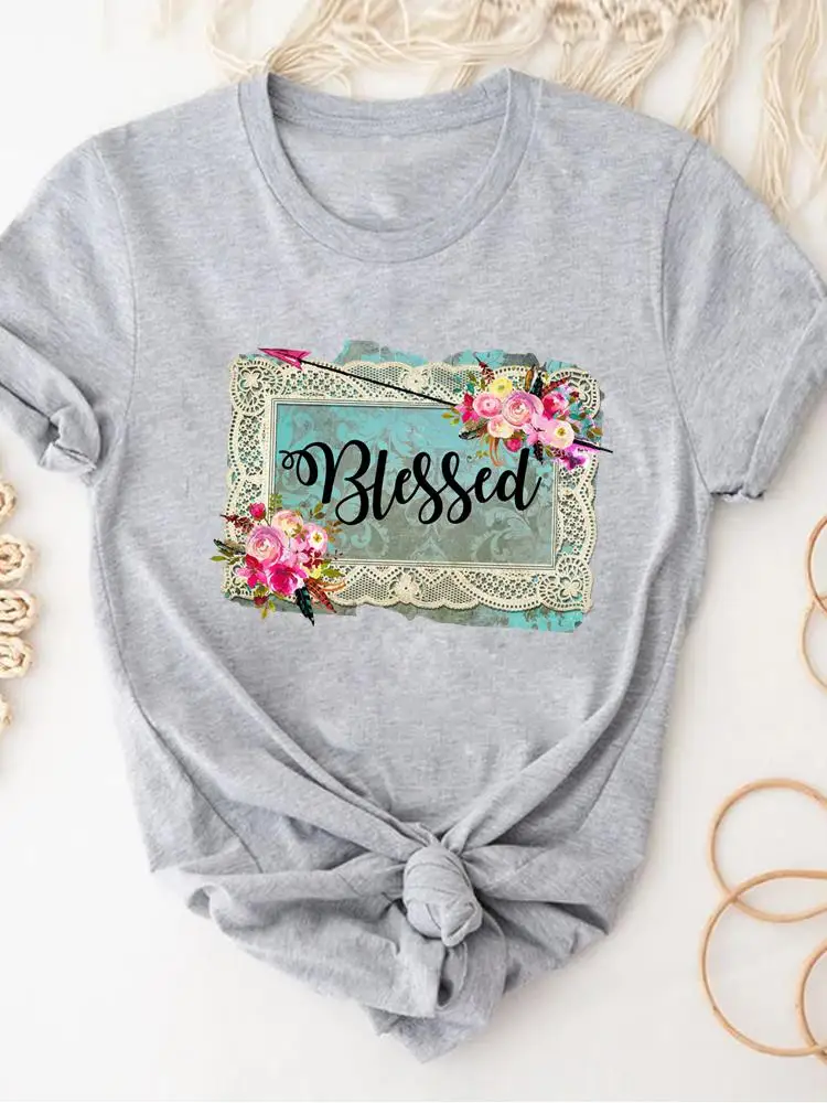 Women Clothing Print Gray T Shirt Short Sleeve Summer Top Plant Flower Trend Fashion Clothes Basic Tee Graphic T-shirt