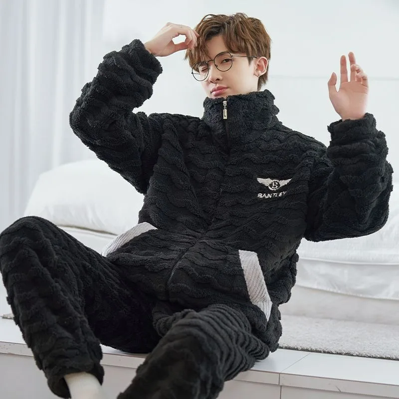 Male Coral Velvet Pajamas Winter Men Fleece-lined Thickened Flannel Homewear Suit Stand-up Collar Thermal Large Size Sleepwear