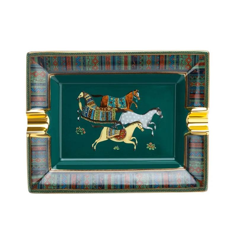 Ceramic Cigar Ashtray Simple Large Home Living Room Decoration Tabacco Ash Holder Tray Green Horse Gift Box Package CA-023