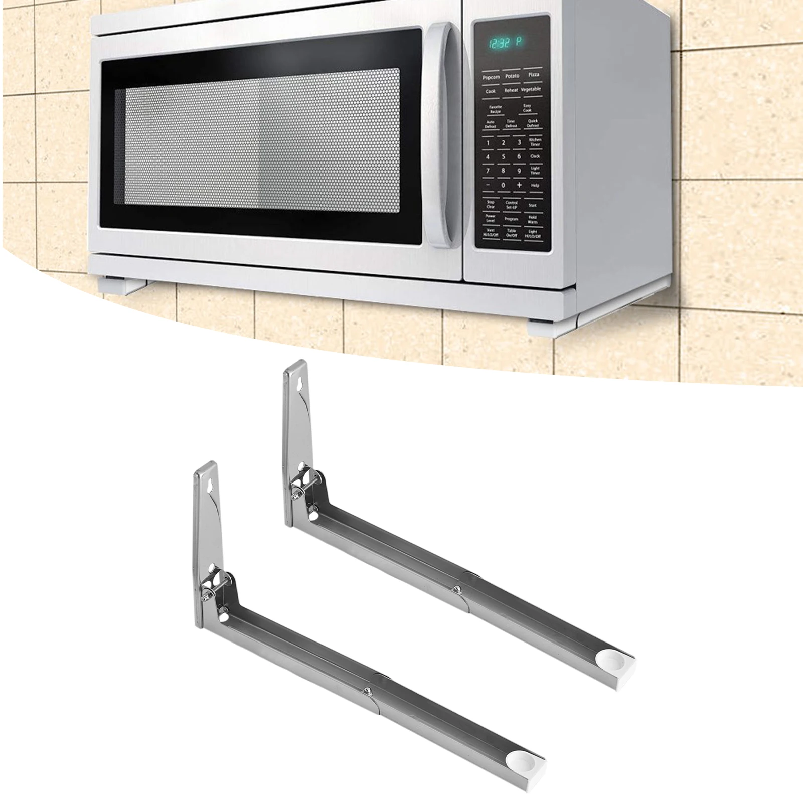2Pcs Foldable Microwave Oven Shelf Rack Stainless Steel Support Frame Stretch Adjustable Wall Mount Bracket Holder Kitchen Tool 2