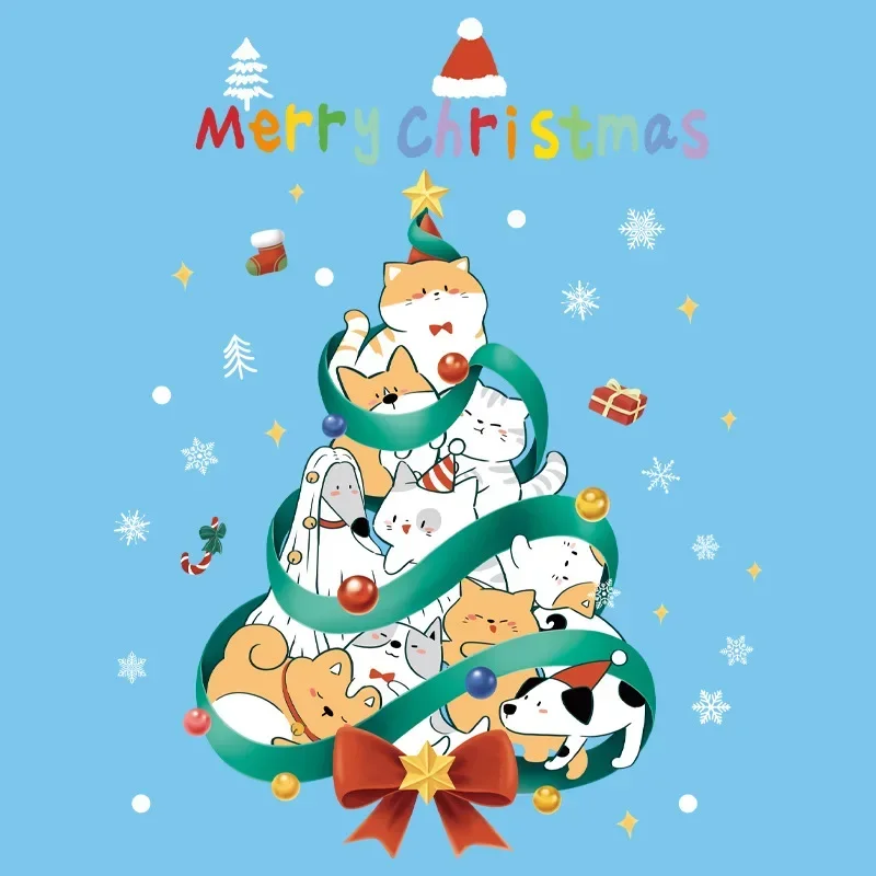 Cartoon Cat Dog Animals Christmas Tree Window Stickers for Kids Room Christmas Decoration New Year Static Window Sticker 2025