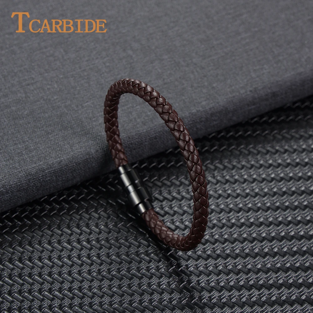 Classic Style Men Women Leather Bracelet Simple Black Stainless Steel Button Neutral Accessories Hand-woven Jewelry
