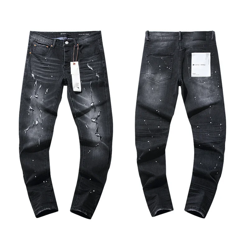 Jeans da uomo europei alla moda, in cotone elasticizzato, con etichetta in pelle nera, modello fritto, modello Angel, slim elasticizzato_voghion.com