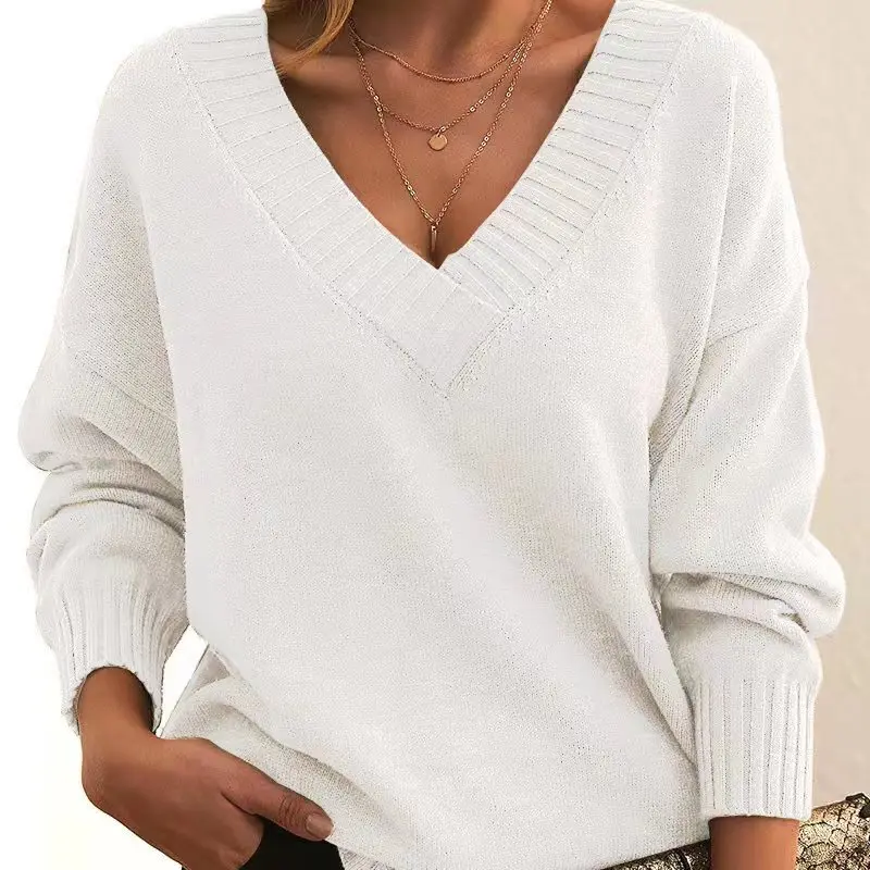 New Autumn and Winter Pullover Sweater for Women, Loose V-neck Casual Versatile Knitted Sweater Top 211