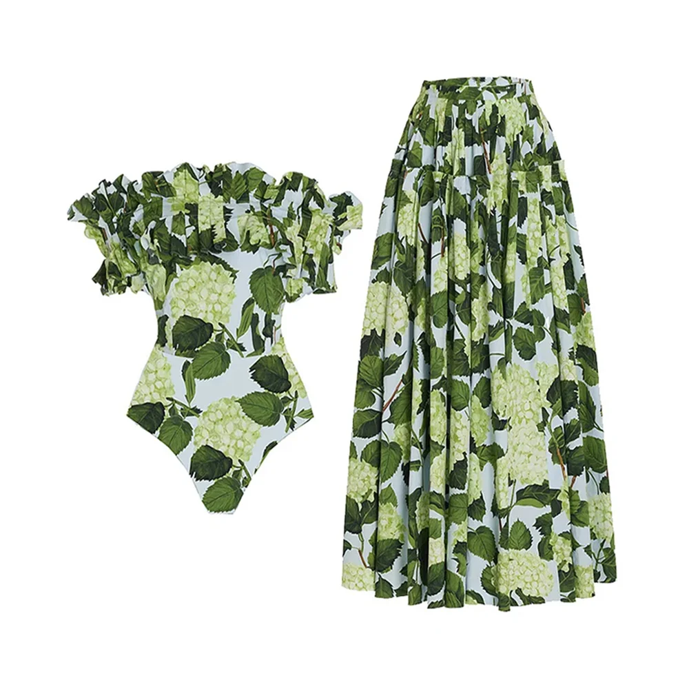 

Floral Print One Piece Swimsuit and Skirt Green Holiday Beachwear Designer Bathing Suit Summer Surf Wear Beach Dress
