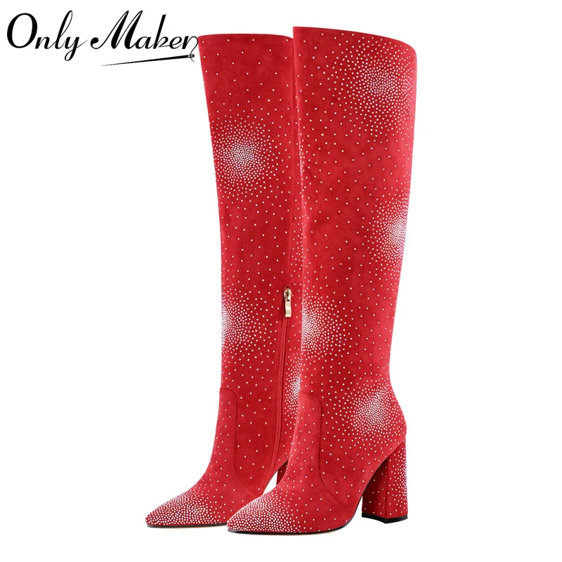 

Onlymaker Women Pointed Toe Red Flock Knee High Boots 10CM Thick Heels Side Zipper Winter Female Boots