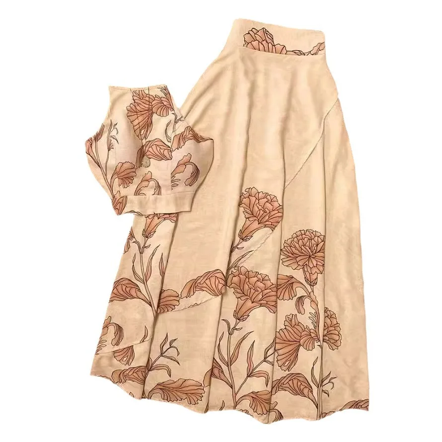 Two Piece Set Women Outfit Summer 2024 Fashion Floral Print Backless Halter Top & Pleated Skirt Set Casual Vacation Women's Suit
