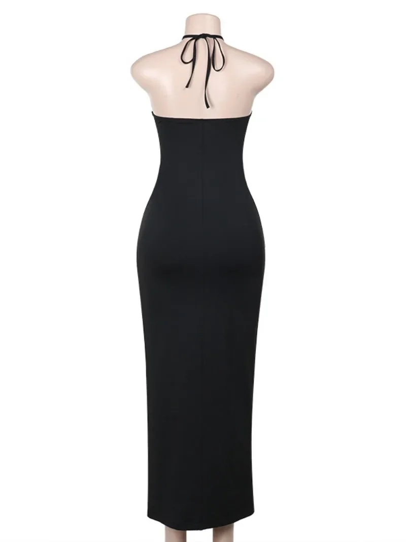 Mesh Patchwork Halter Neck Dresses for Women Sexy Lace-up Backless See-through Evening Dress Sleeveless Backless Long Party Robe 6