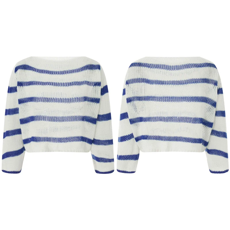 

Autumn Winter Knitted Tops Women Blue Stripes Contrast Color Loose Sweaters Long Sleeve O Neck Loose Pullovers Casual Streetwear