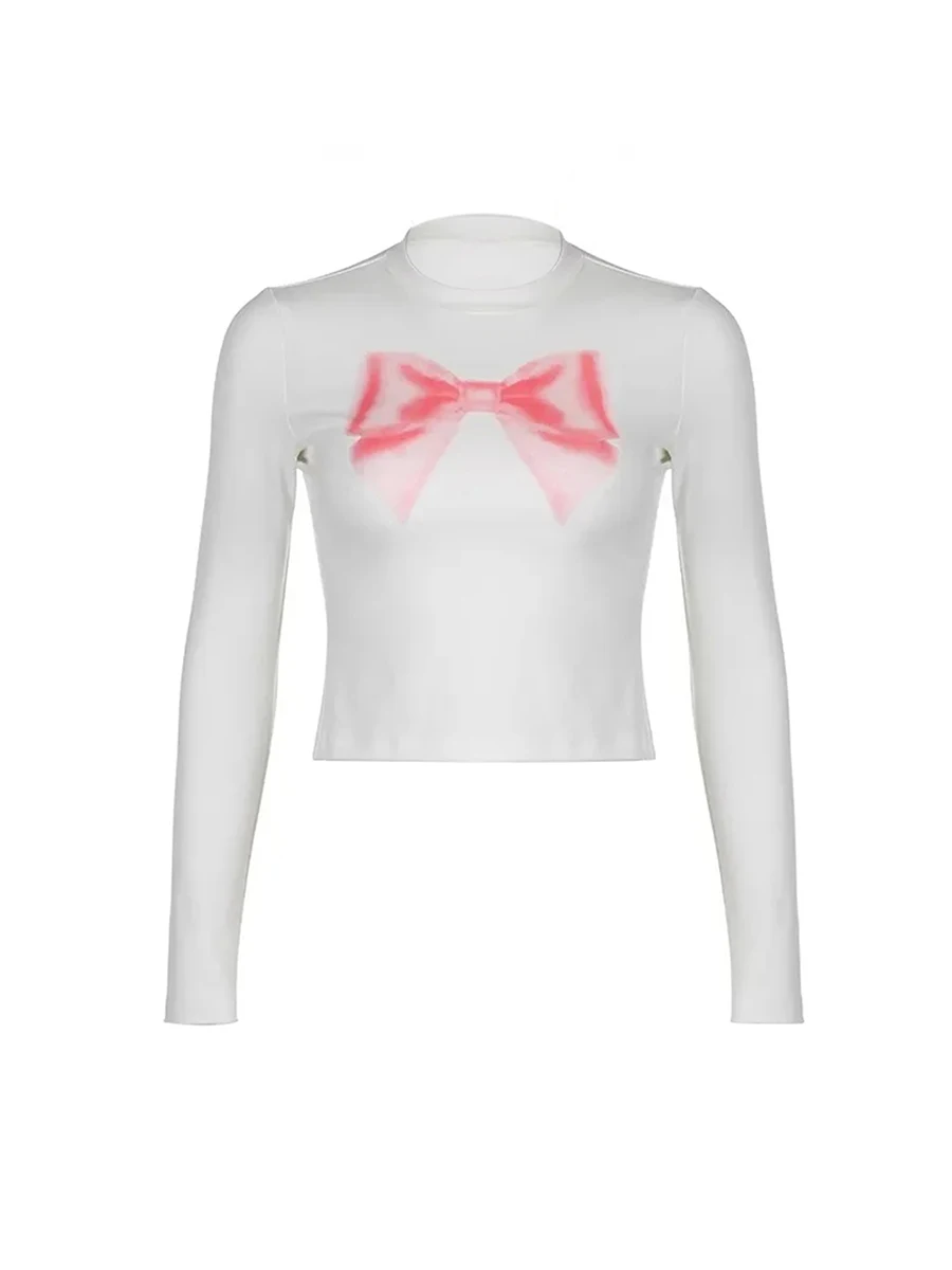 

Women Bow Print Y2K Crop Top Long Sleeve Baby Tee Basic Bodycon Shirt Teen Cute Graphic Pullover Aesthetic Clothes Girl