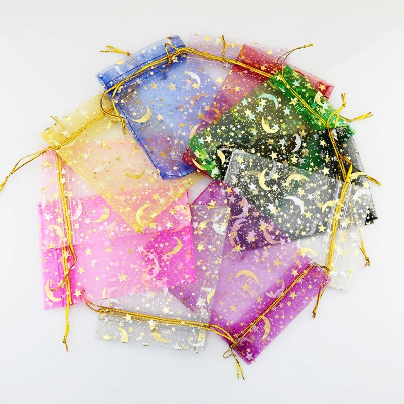 Y1UB 100Pcs 블루 Organza 쥬얼리 선물 가방 9x7cm Drawstring 메쉬 문 스타 가방 결혼식 파티 호의 사탕 가방