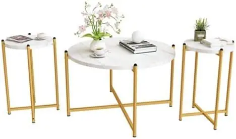 Coffee Table Set of 3 Include Coffee Table & 2pcs Side Table Living Room Sets Faux Marble Tabletop and Metal Frame