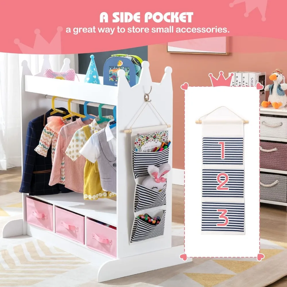 Kids Dress Up Storage with Mirror and Drawers, Kid Armoire Dresser, Pretend Storage Closet for Kids, Costume Wardrobe W/Side 3