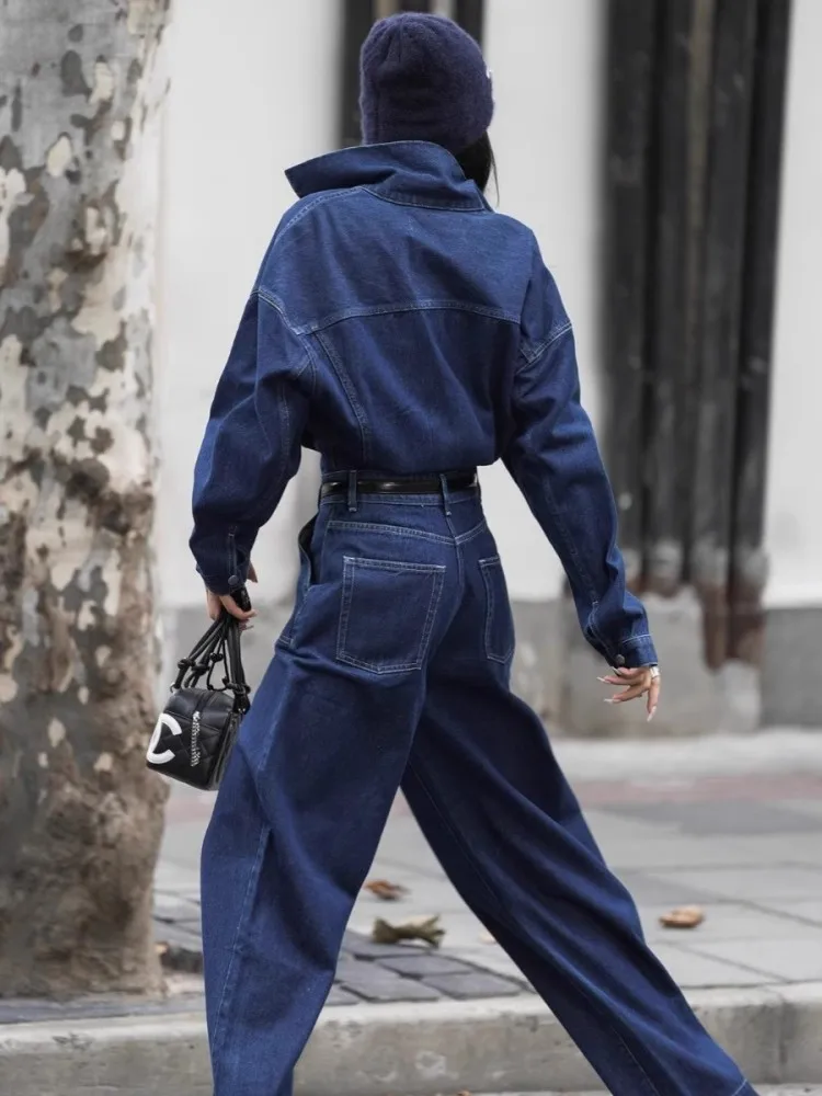 Blue Design Denim Jumpsuit Women'S Spring And Autumn Collar Fashionable Workwear Large Pocket Loose Pants 2