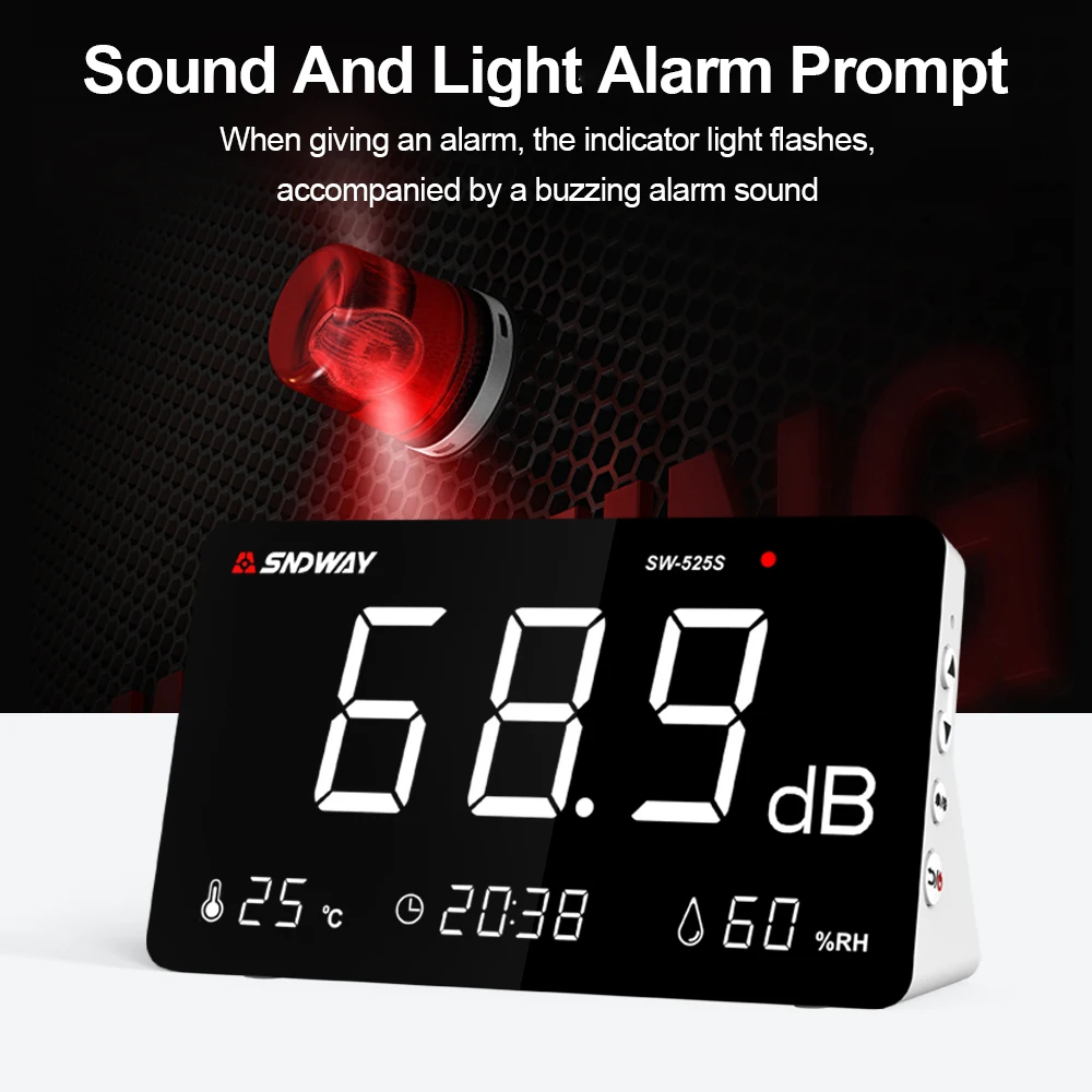 SNDWAY Digital Sound Level Meter Temperature Humidity Meter 30~130db Decibel Meter Audio Measuring Instrument 4 in 1 Noise Meter 5