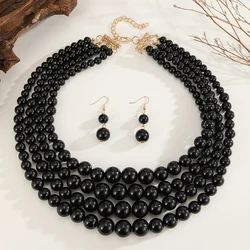 Elegant Multi - Layer Handmade Pearl Beaded Necklace and Earrings Set - Women's Party Jewelry Accessories (Black)