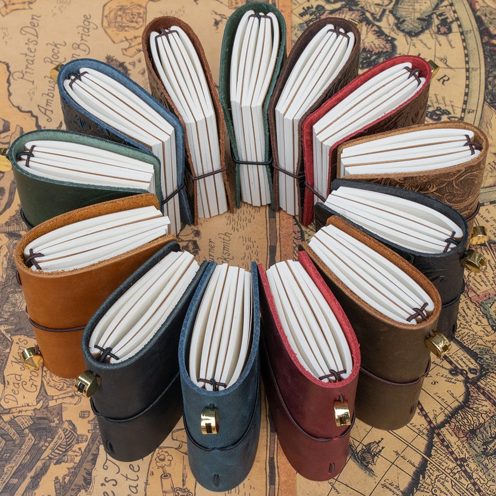 빈티지 가죽 여행자 노트: 3 x 32 페이지 리필, 100g 종이, 맞춤형 가죽 일기장, 휴대용 일기장