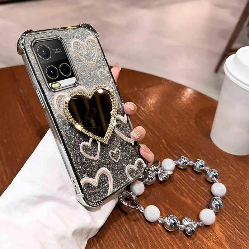 Airbag Wrist Strap Glitter Love Heart Mirror Phone Case Cover